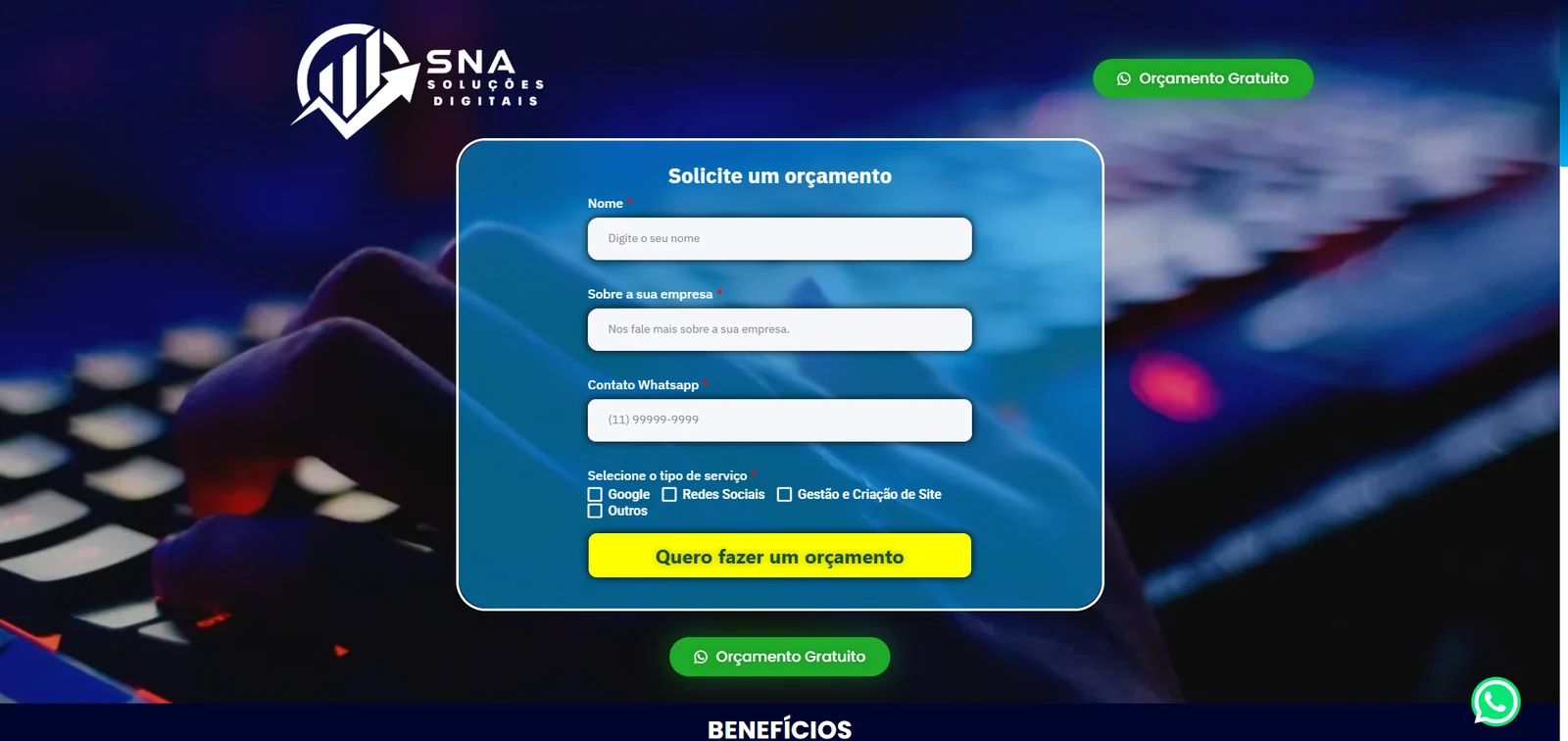Site da SNA Soluções Digitais